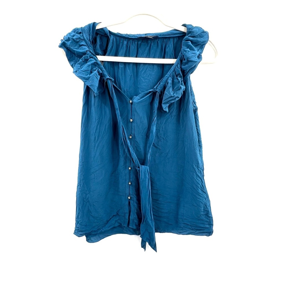 Banana Republic aqua Blue 100% silk neck bow tie top career work office blouse M